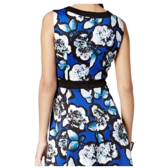 Size 14 BLUE FLORAL PRINT SCUBA PLEATED‎ DRESS Spring Summer Wedding Party - Picture 4 of 4